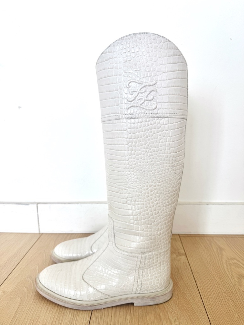Fendi White Croc-Embossed Over-the-Knee Riding Boots